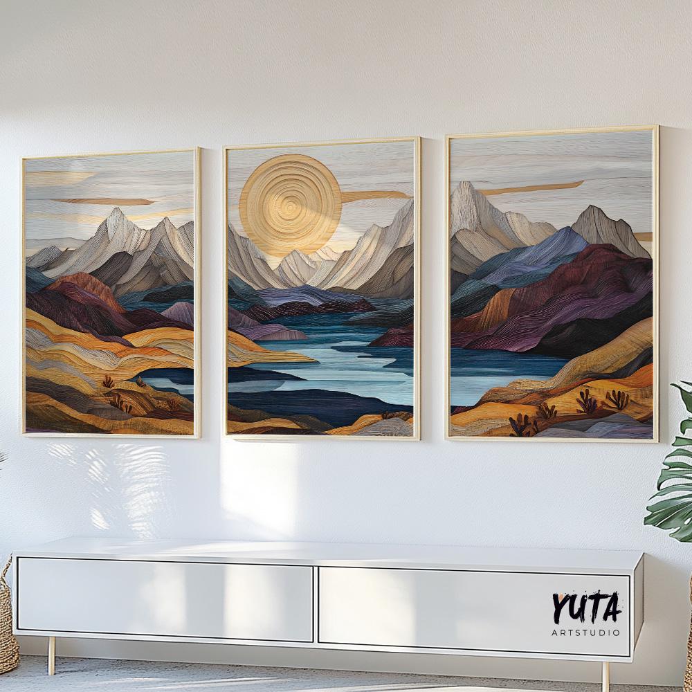 Colorful mountain wall art set showcasing layered mountain ridges, lake scenery and warm earth tone accents
