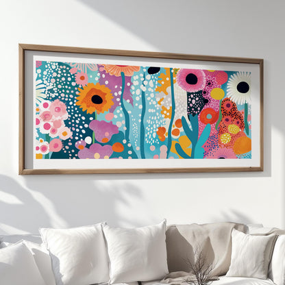 Framed abstract floral art in vivid colors displayed above a white sofa with books and plants.