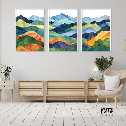 Colorful mountains wall art set of 3 prints, Mid century modern large wall art prints, abstract painting, aesthetic room decor
