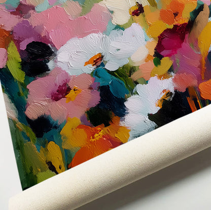 Colorful painterly flower prints featuring pink and white blossoms with orange, green, aqua and magenta accents.