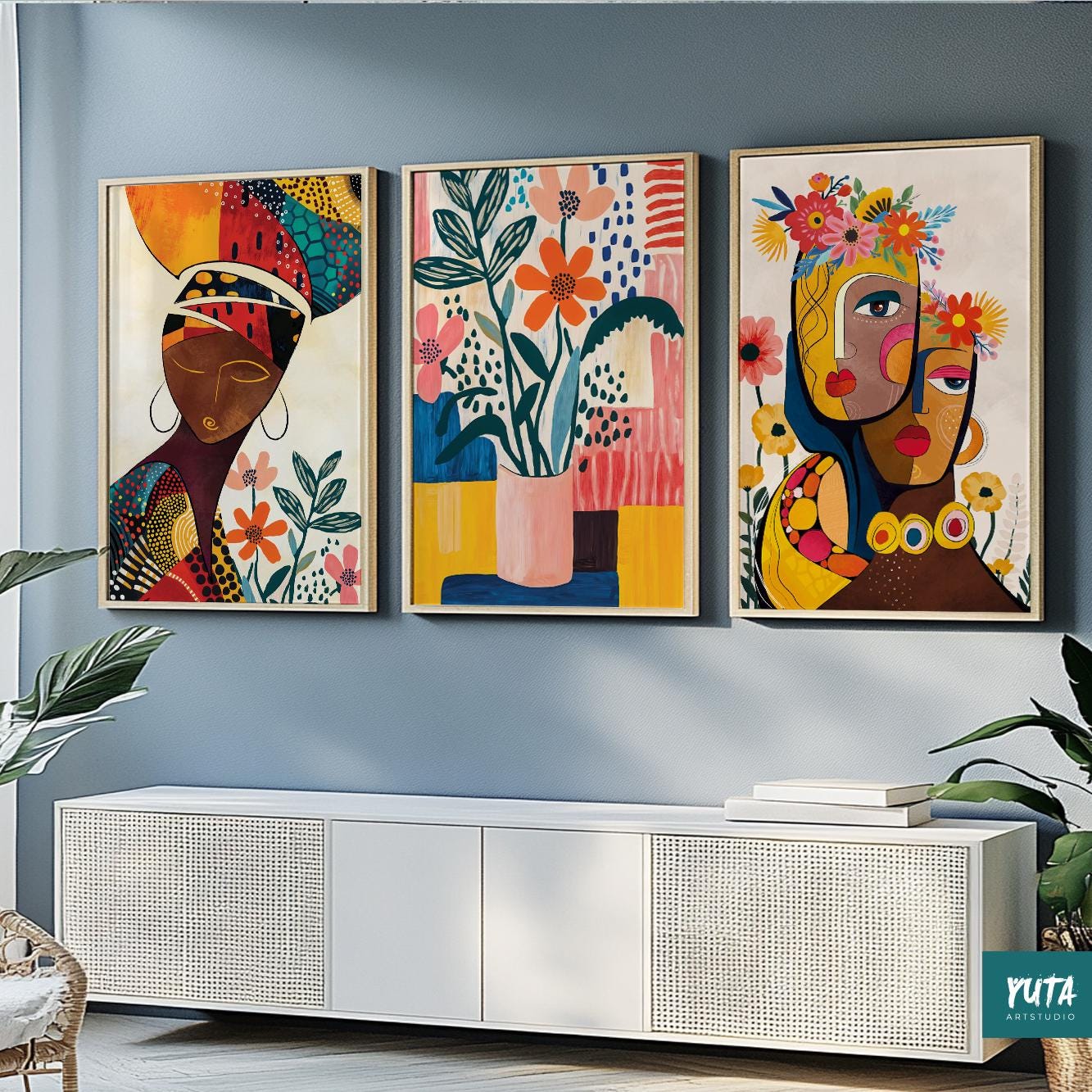 Bold abstract people prints – minimalist African women portrait set in earthy modern tones.
