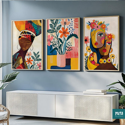 Bold abstract people prints – minimalist African women portrait set in earthy modern tones.