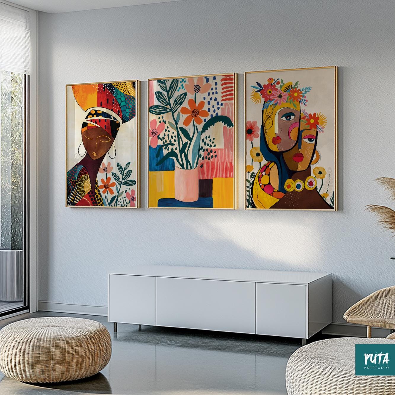 Modern African American wall art – Black woman abstract set of 3 prints for bold interiors.