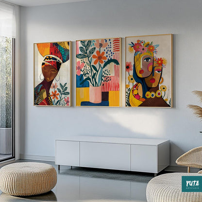 Modern African American wall art – Black woman abstract set of 3 prints for bold interiors.
