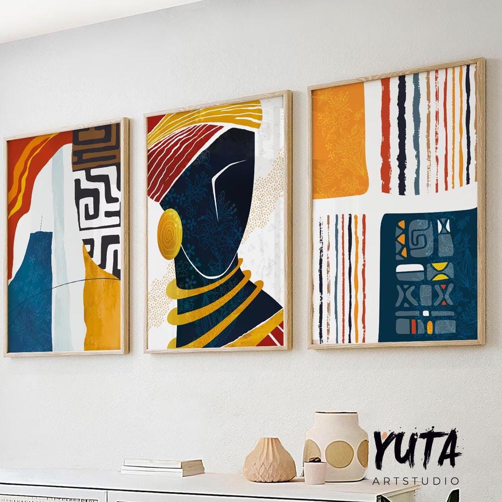 Modern bold African wall art set of 3 prints, abstract colorful black woman portraits, ethnic gallery wall poster set.