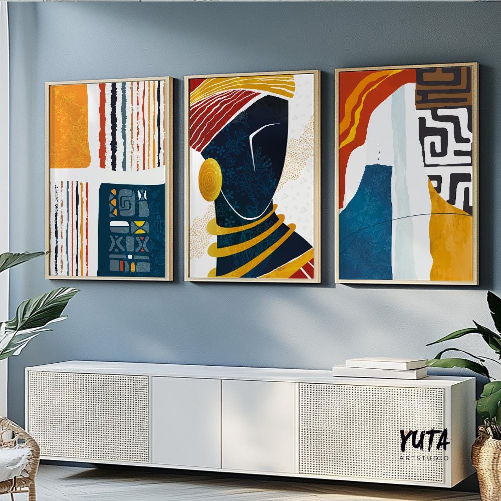 Modern abstract African American art, set of 3 colorful black woman portrait prints for ethnic gallery wall, bedroom, or living room decor.