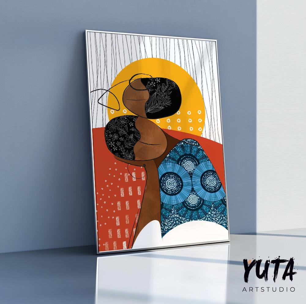 Abstract tribal black woman portrait. Bright modern african american art, girl faces minimalist print, above bed decor, aesthetic room decor