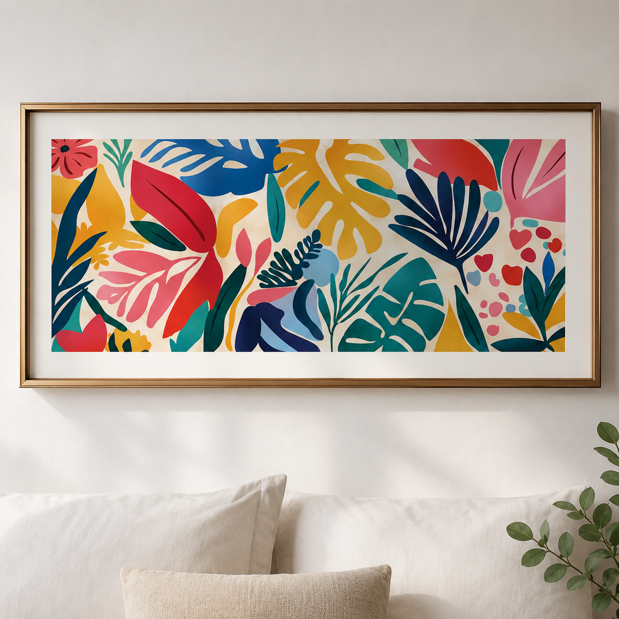 Colorful tropical botanical wall art in a gold frame displayed above a bed in a bright modern bedroom with natural light and minimalist decor.