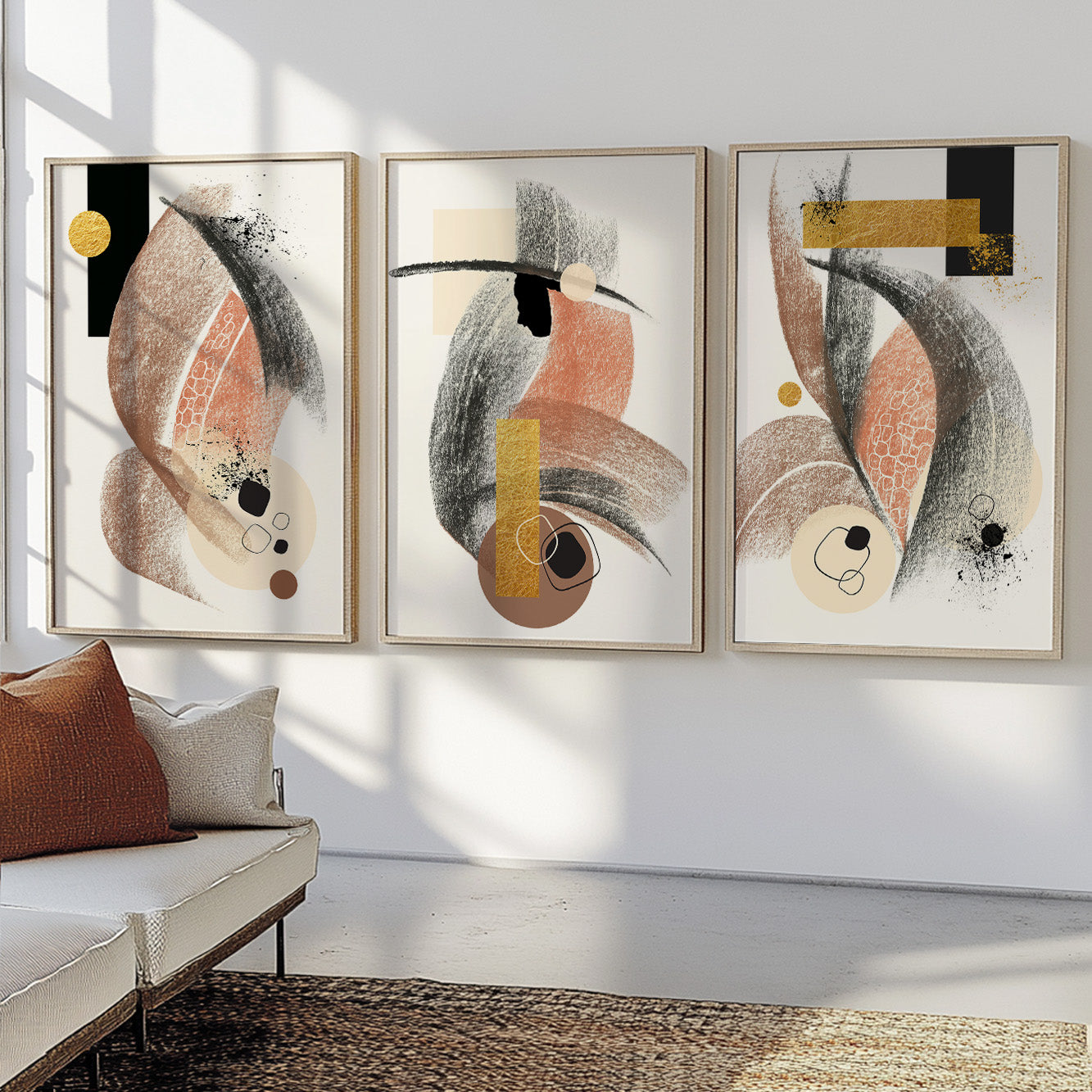Modern abstract artwork combining textured brushstrokes with layered neutral shapes