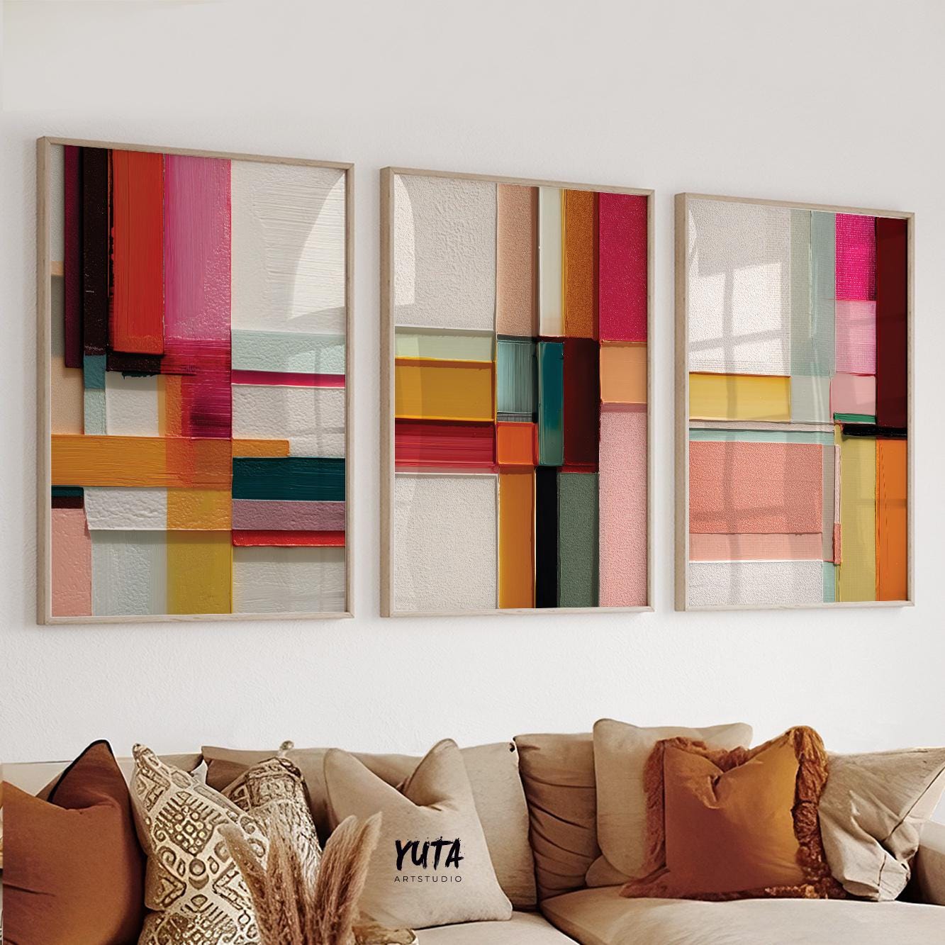 Contemporary abstract wall art featuring layered geometric forms and bold colorful accents in a modern gallery arrangement