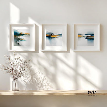 Contemporary abstract landscape painting with blue, gray, and mustard  accents