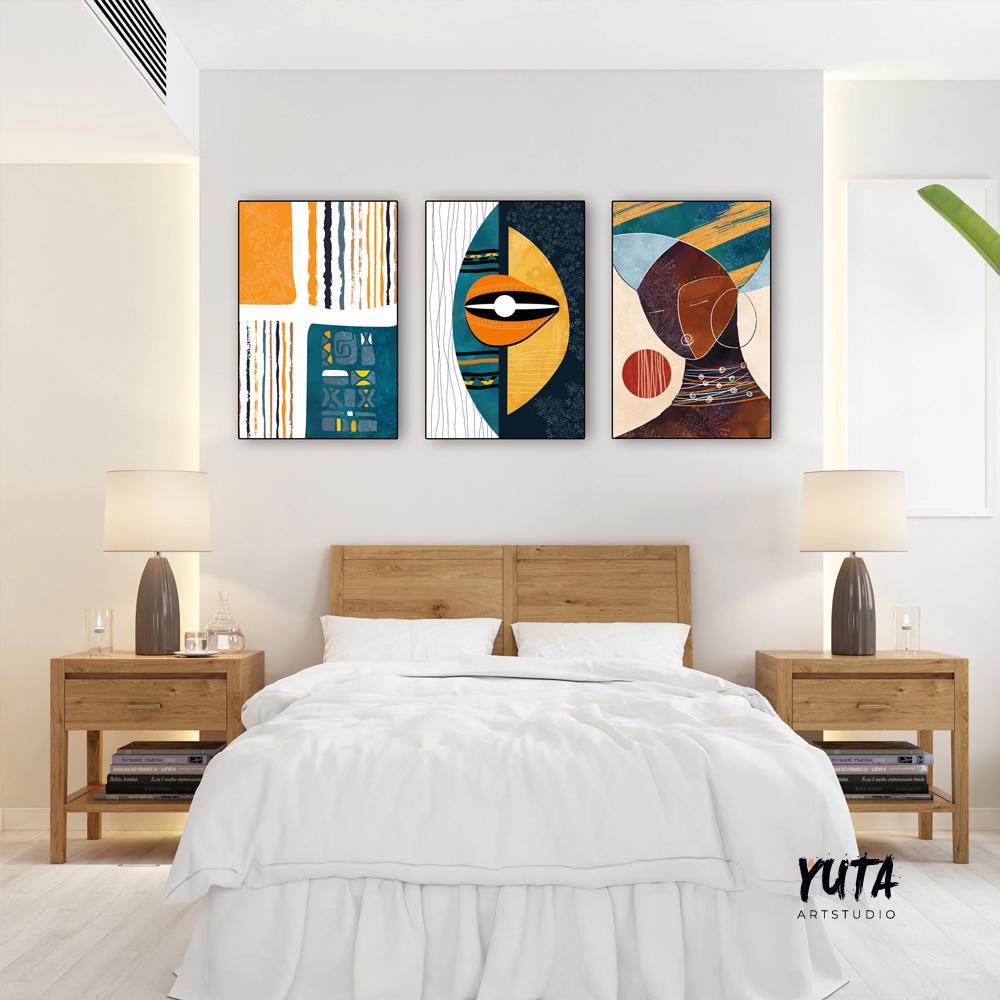 Vibrant African American abstract gallery wall set of 3, featuring colorful tribal ornaments, ideal for living room, office, or hallway decor.