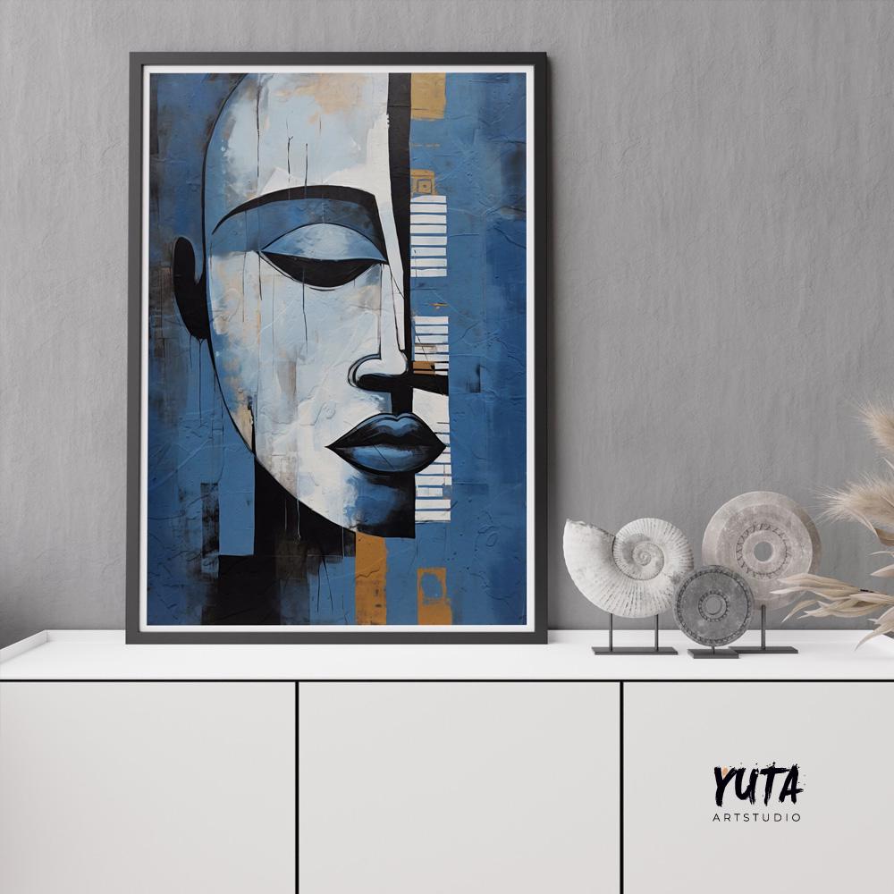 Modern navy blue grey abstract painting print. Contemporary african american art. Abstract woman portrait, minimalist living room decor