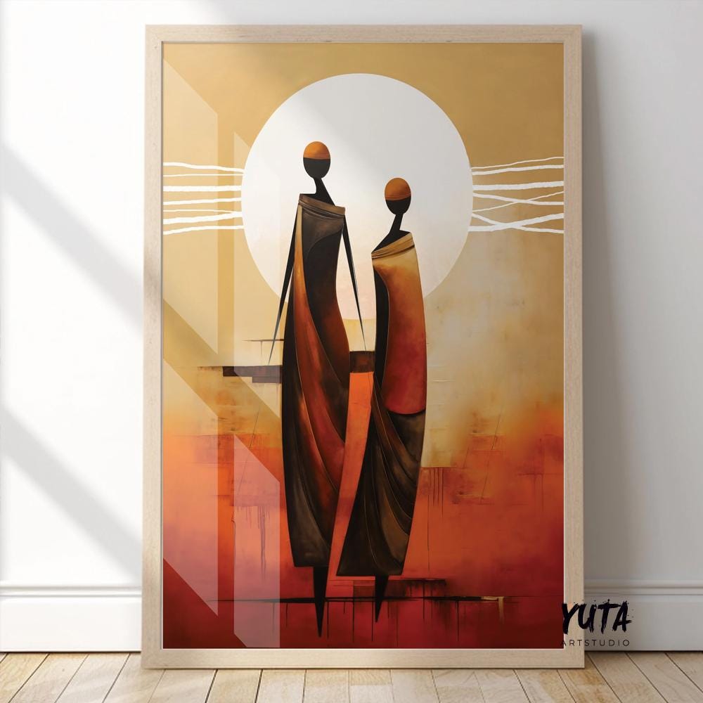 Modern minimalist neutral african wall art print. Contemporary abstract femile figures extra large poster, african ethnic home gift idea
