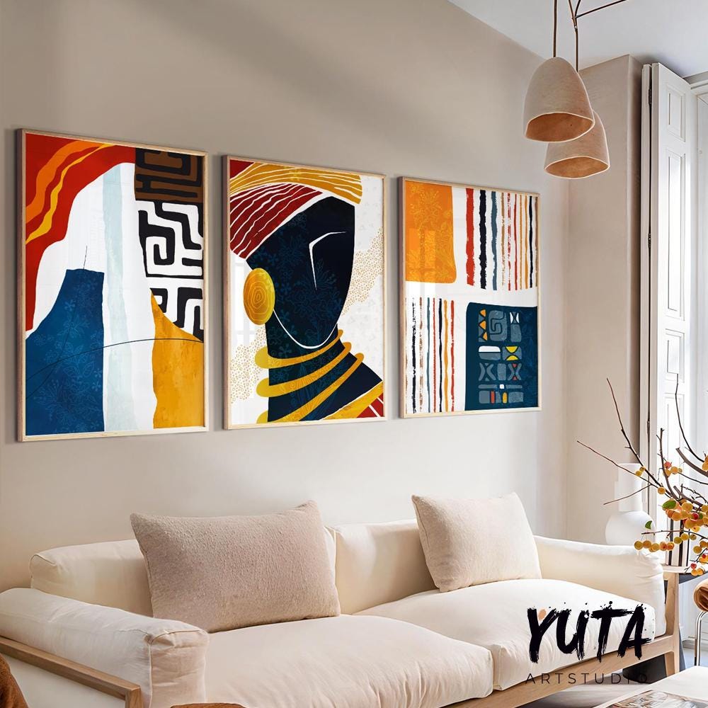 Ethnic African American art set of 3 prints, abstract colorful black woman portraits, gallery wall room decoration.