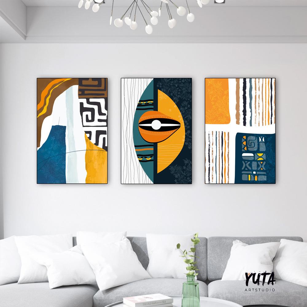 Set of 3 colorful African American abstract prints with bold tribal patterns, modern minimalist artwork for bedroom, office, or living room.