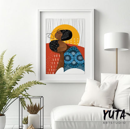 Abstract tribal black woman portrait. Bright modern african american art, girl faces minimalist print, above bed decor, aesthetic room decor
