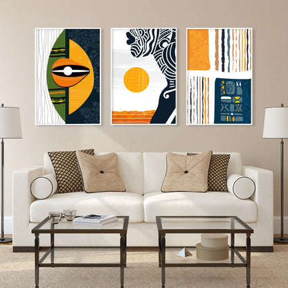 Contemporary African wall art set combining abstract portrait imagery, tribal symbolism and bold geometric forms