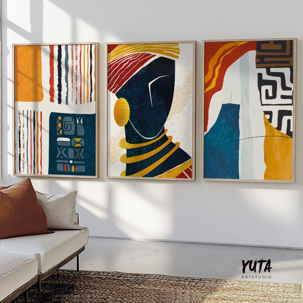 Black woman abstract wall art prints, African American set of 3 featuring vibrant minimalist portraits for boho, modern, and eclectic spaces.