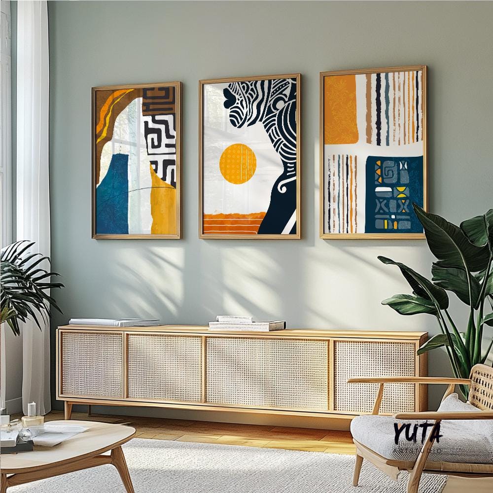 Afrocentric abstract black woman wall art set of 3 prints, colorful ethnic posters, modern gallery wall decoration.