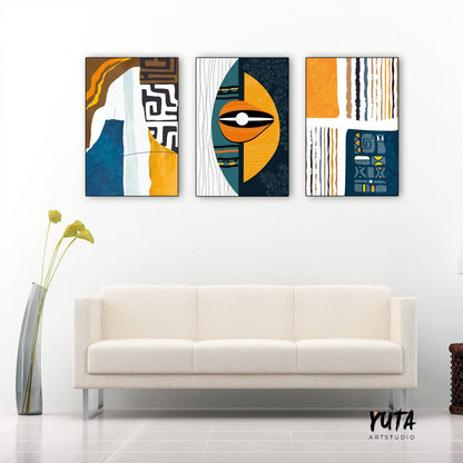 Abstract African American art set of 3 posters, featuring vibrant tribal ornaments and bright colors for a bold gallery wall statement piece.