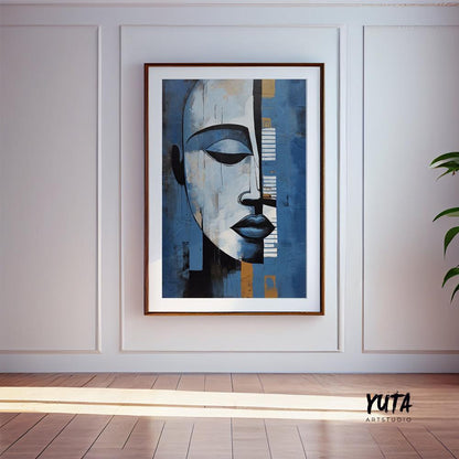 Modern navy blue grey abstract painting print. Contemporary african american art. Abstract woman portrait, minimalist living room decor