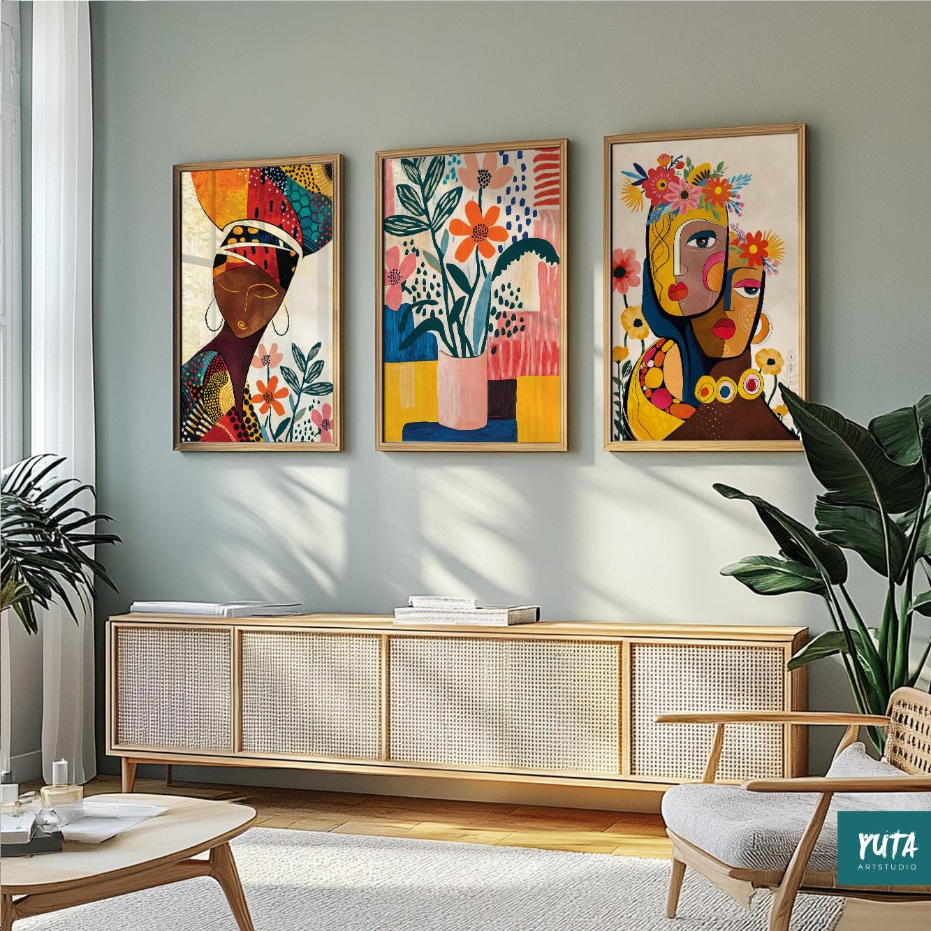 Abstract African wall art set – minimalist female portraits for contemporary ethnic decor.
