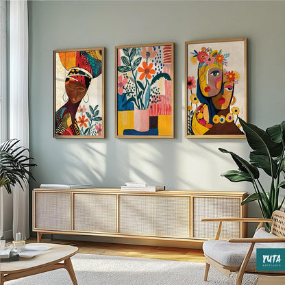 Abstract African wall art set – minimalist female portraits for contemporary ethnic decor.