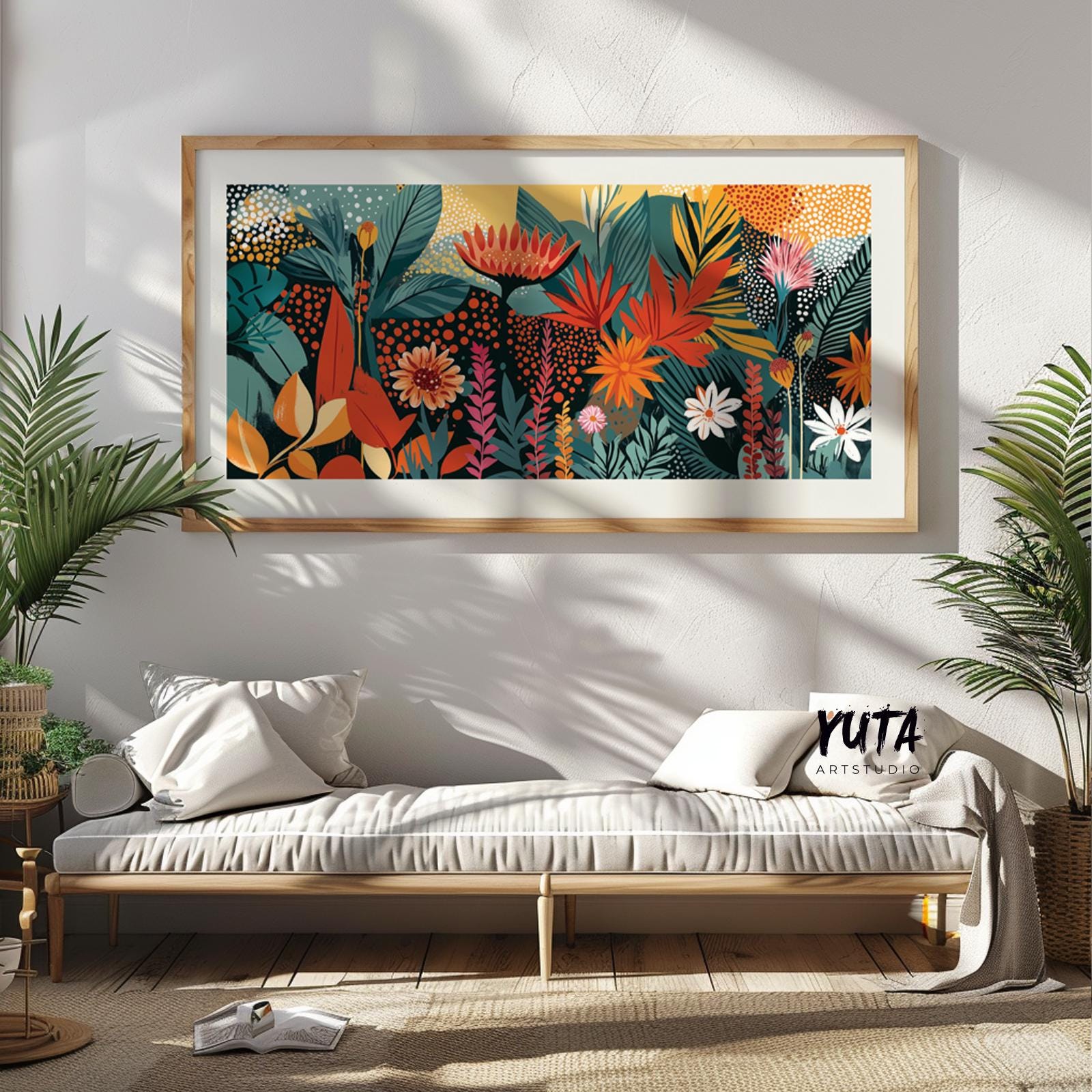 Framed panoramic tropical abstract floral artwork displayed above a minimalist bench sofa