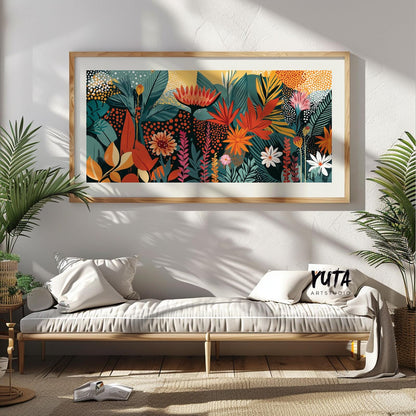 Framed panoramic tropical abstract floral artwork displayed above a minimalist bench sofa