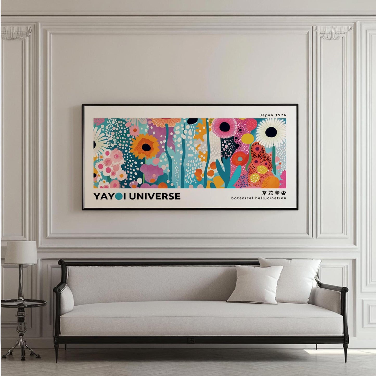 Panoramic abstract floral print in a black frame centered above a classic sofa.