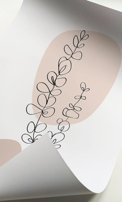 Modern botanical wall art with blush abstract backgrounds and delicate line drawings