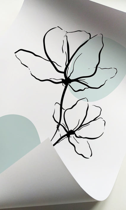 Contemporary floral line drawings with soft sage green forms