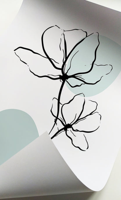 Contemporary floral line drawings with soft sage green forms