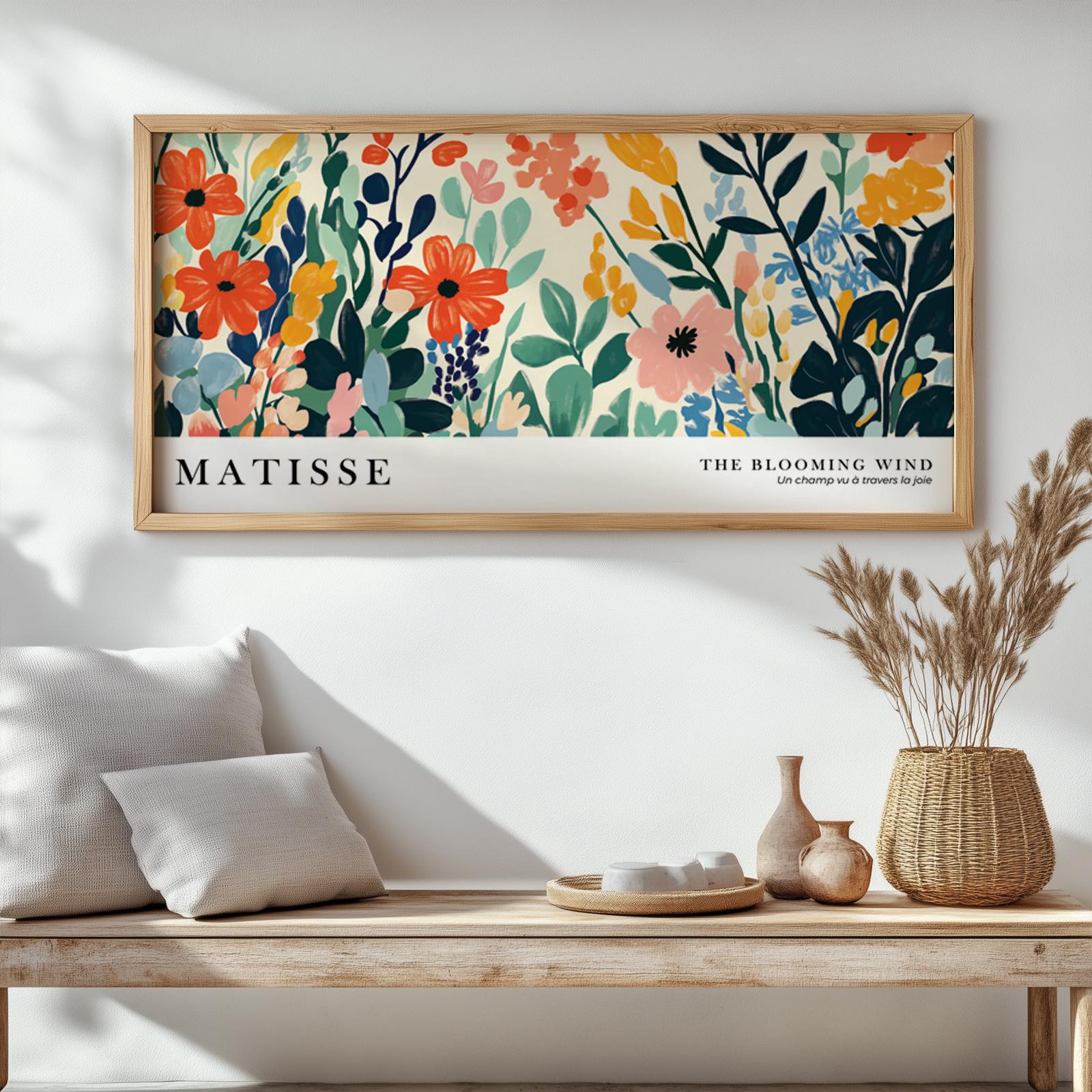 Colorful floral Matisse-style panoramic print displayed in a natural wood frame above a bench