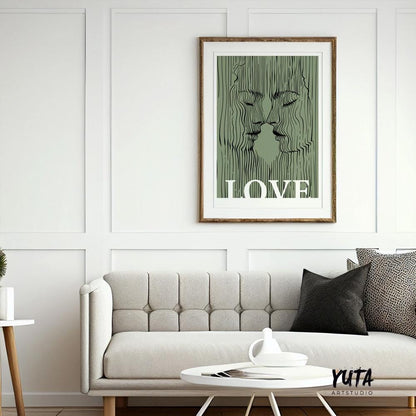 Framed sage green line art print sized above a sofa for wall art scale reference