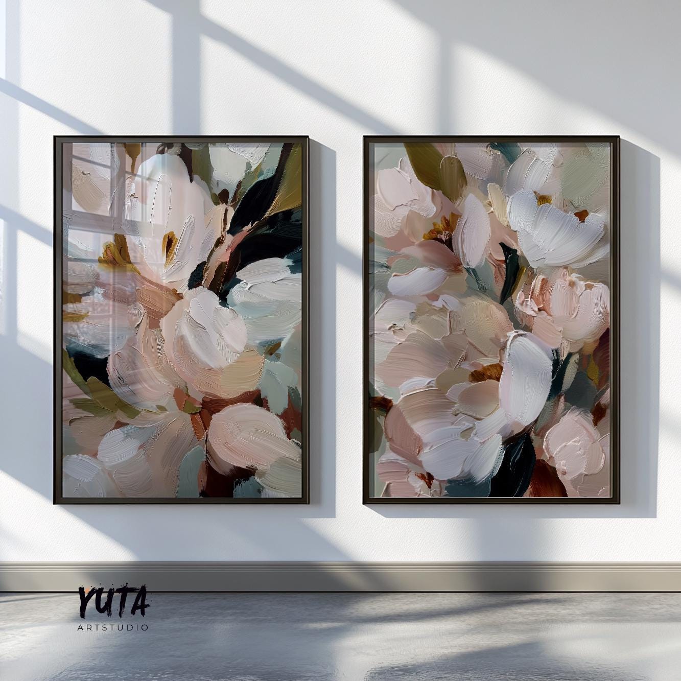 Modern neutral floral artwork with thick paint texture