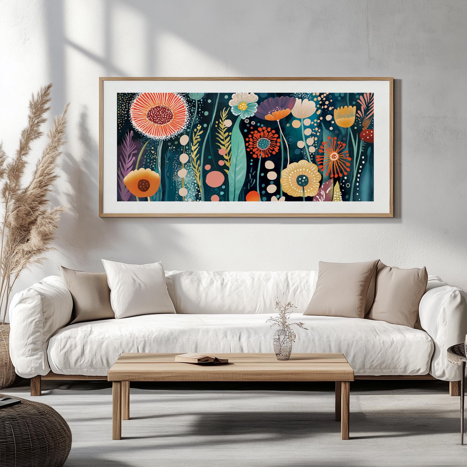 Abstract colorful floral artwork in a light wood frame hung above a white sofa