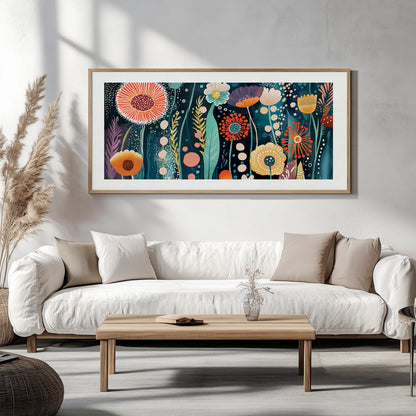 Abstract colorful floral artwork in a light wood frame hung above a white sofa