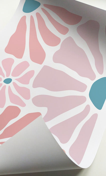 Contemporary floral prints designed with bold organic flower shapes and teal details