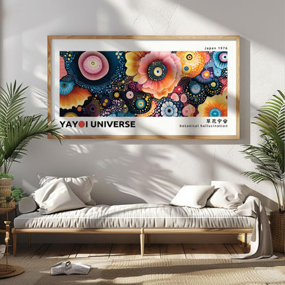 Colorful abstract floral artwork with dotted botanical patterns framed above a light bench