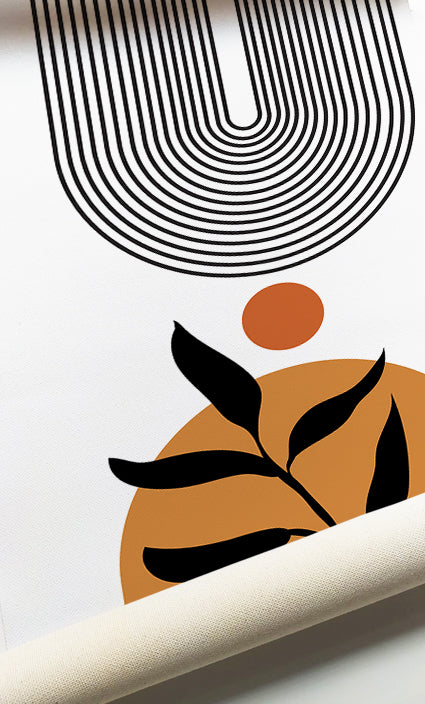 Modern abstract wall art in burnt orange, camel, ivory, and black tones