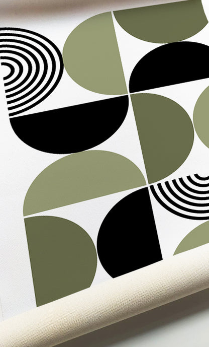 Sage green geometric wall art with minimalist botanical details for Organic Modern homes