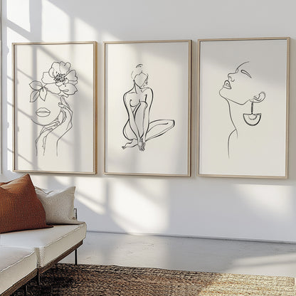 Neutral line art prints combining abstract women and floral illustrations in a modern style