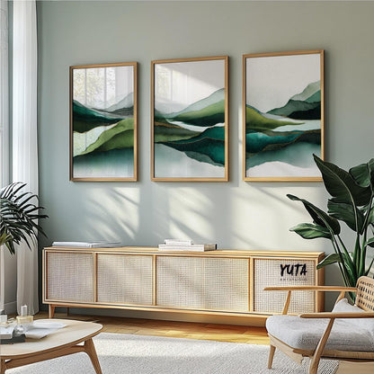 Sage and emerald abstract mountains, cWatercolor green mountain prints, abstract landscape wall art set.ontemporary wall art set of 3.