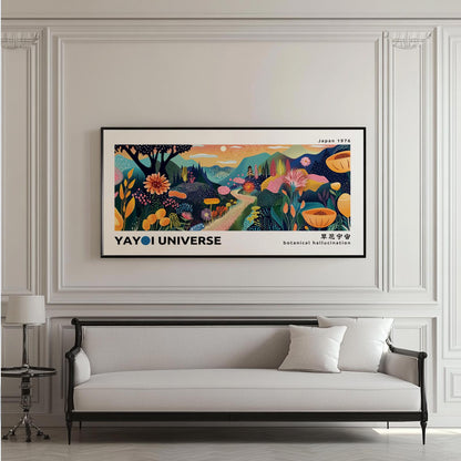 Framed abstract mountain landscape with Kusama-inspired patterns above a modern sofa
