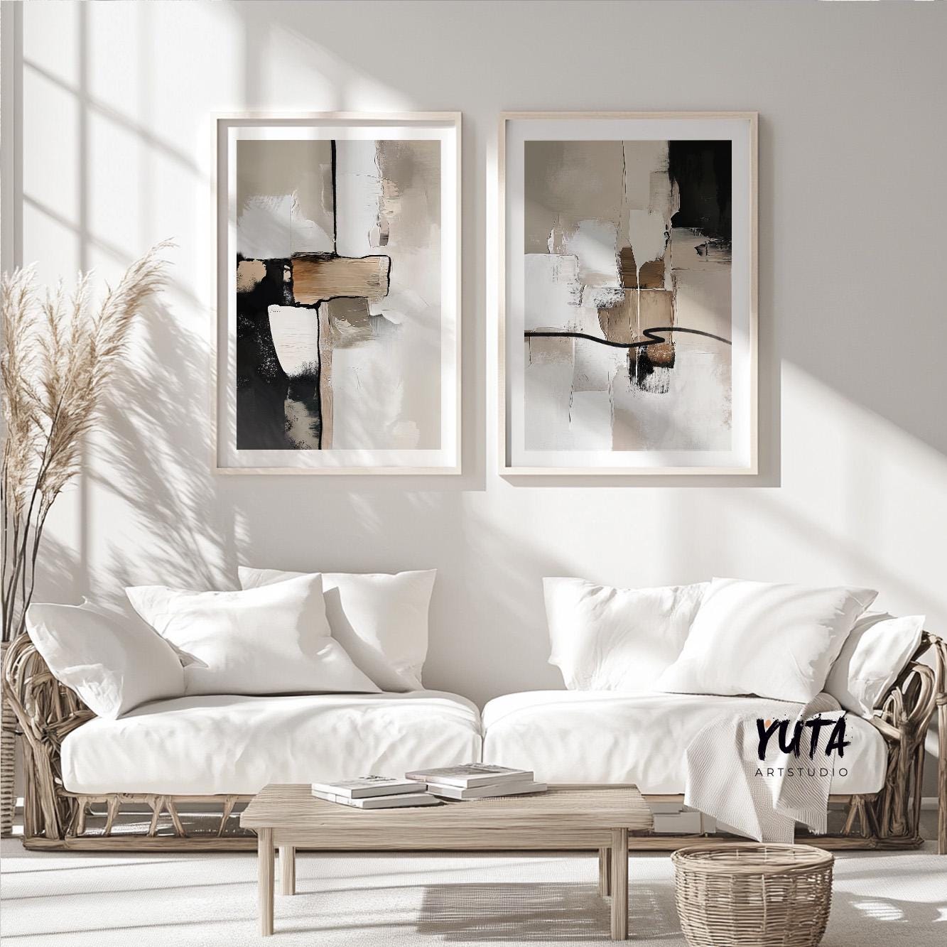 Contemporary abstract wall art set in warm beige and cream tones with expressive painterly textures for modern home decor