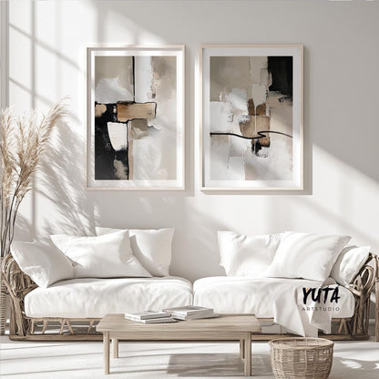 Contemporary abstract wall art set in warm beige and cream tones with expressive painterly textures for modern home decor