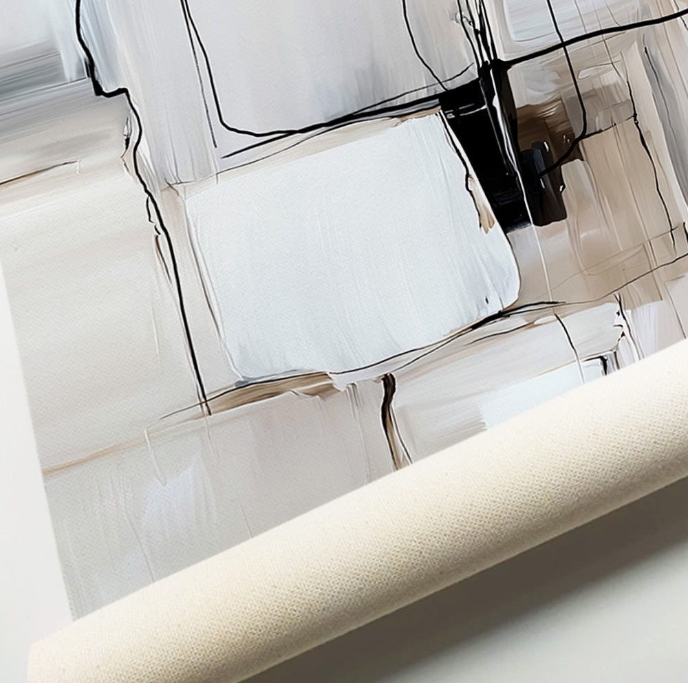 Contemporary neutral art prints featuring textured cream, beige and white blocks with contrasting black details.