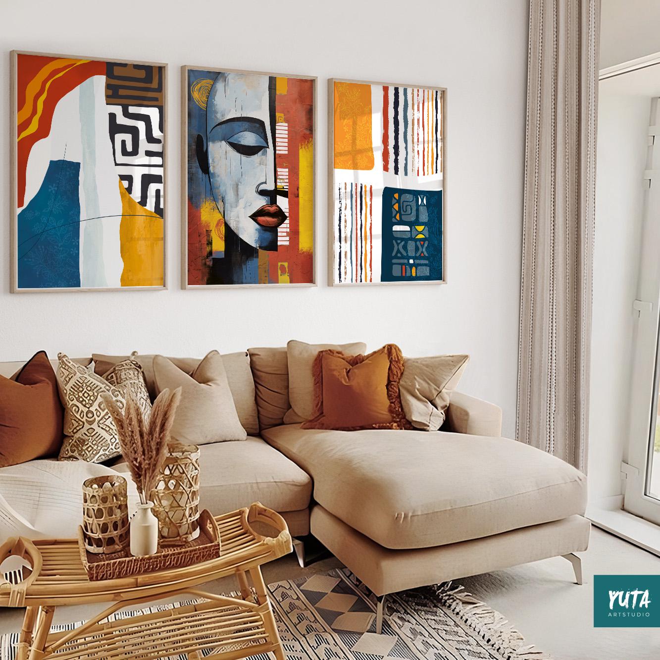 Afrocentric wall decor – set of 3 abstract Black woman portraits in minimalist design.